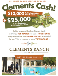 $10k bonus to top MONTHLY Realtor at Clements Ranch in Forney! $25k for the year!