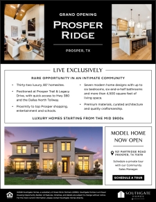 MODEL NOW OPEN! Prosper Ridge By Southgate Homes in Prosper, TX