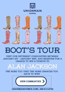 Visit UnionMain Homes Communities for a chance to win 2 Alan Jackson Tickets