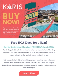 🏡 Help Your Clients Save in Karis: No HOA Dues and Special Builder Offers