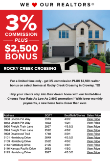 Limited Time 3% Commission + $2,500 Bonus and Buyer Incentives in Crowley