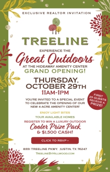 RSVP Today! Experience the Great Outdoors at Treeline&rsquo;s Hideaway Amenity Center Grand Opening.