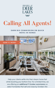 Earn Big Commission on Quick Move-In Homes in Preserve at Deer Lakes!