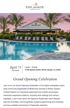 Save the Date: Esplanade at McKinnon Groves Grand Opening&mdash;April 11