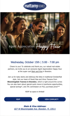 Join Mattamy Homes – Realtor Appreciation Happy Hour in Brandon Oct. 15th
